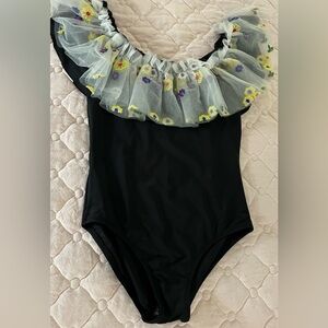 Black Swimsuit with Floral Ruffle
